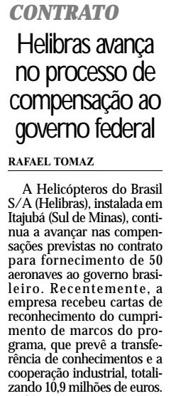 Helibras avança no processo de compensação ao governo federal