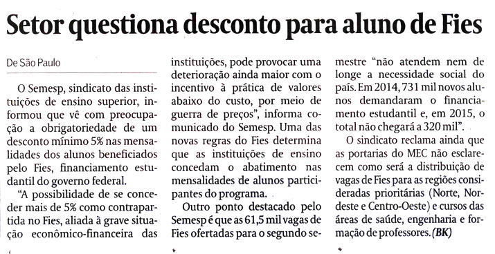 Semesp questiona desconto para aluno de FIES