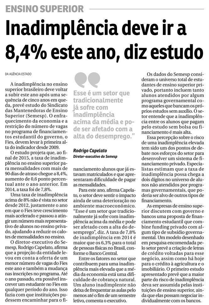 Mais de 45 veículos de imprensa repercutem estudo do Semesp sobre inadimplência no ensino superior