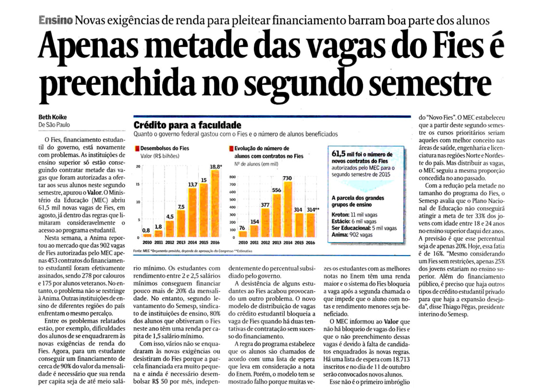 Semesp fala ao Valor Econômico sobre problemas com o Fies