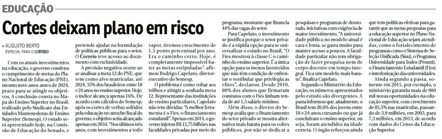 Em entrevista ao Correio Braziliense, Semesp fala sobre cortes do governo em educação