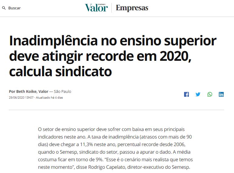 Valor Econômico destaca dados sobre inadimplência levantados pelo Semesp