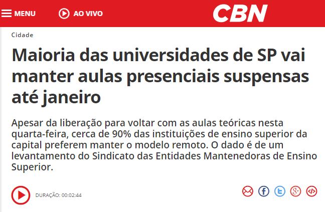 CBN destaca dados do Semesp sobre retorno das aulas presenciais