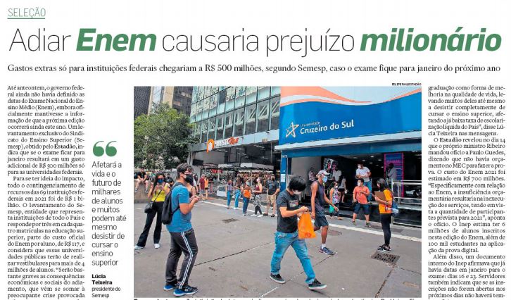 Presidente do Semesp fala ao Estadão sobre consequências do adiamento do ENEM