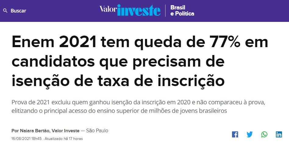 Valor Investe destaca dados do Semesp sobre o ENEM 2021
