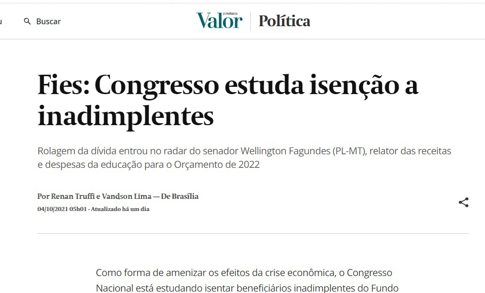 Semesp comenta no Valor proposta de isenção de juros para inadimplentes do Fies