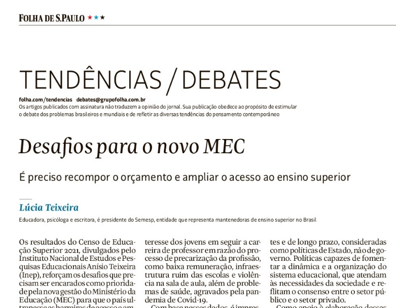 Lúcia  Teixeira, presidente do Semesp, escreve artigos na Folha e Correio Braziliense