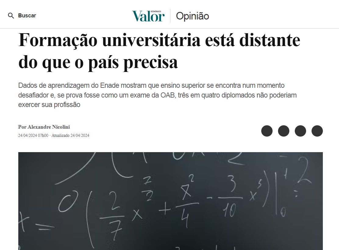 Alexandre Nicolini assina artigo no Valor Econômico sobre mudanças no Enade